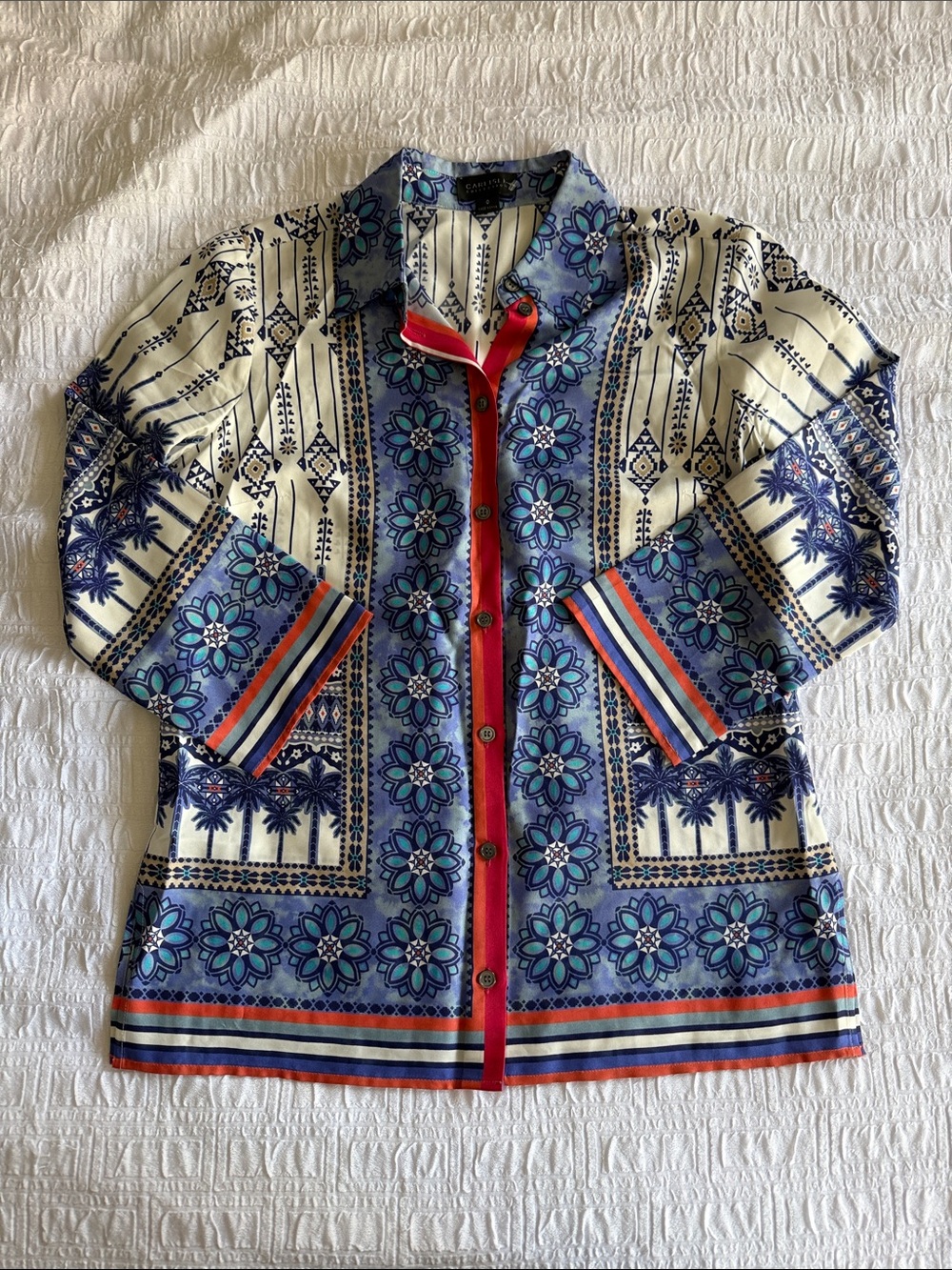 Carlisle Blue Floral Button-Front Blouse with Red Trim